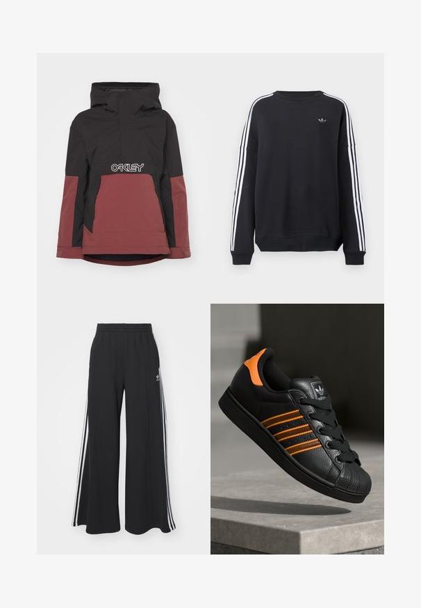Čierna a vínová zateplená bunda s kapucňou, polovičným zipsom vpredu a výrazným bielym logom "OAKLEY" na oblasti hrudníka. Má postranné vrecká.; Čierna mikina s dlhými rukávmi, bielymi pásikmi vedúcimi pozdĺž každého rukáva a malým sivým logom na hrudi. Bavlnený materiál, pohodlný strih.; Čierne široké teplákové nohavice s elastickým pásom, so bielymi bočnými prúžkami a výšivkou loga na ľavom stehne.; Čierne tenisky s oranžovými akcentami, tromi horizontálnymi pruhmi, textúrovaným koženým zvrškom, gumovým ochranným vankúšikom na prstoch a čiernymi šnúrkami.