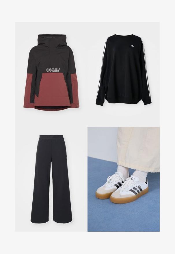 Black and maroon insulated jacket with a hood, half-zip front, and prominent white "OAKLEY" logo across the chest area. Features side pockets.; Black oversized sweatshirt in soft fabric, featuring white stripes along the sleeves and a small logo on the chest. Round neckline.; Black wide-leg sweatpants made from soft fabric, featuring an elastic waistband and a small logo on the left side.; White sneakers with black stripes and beige suede accents. Feature a textured gum sole and flat white laces, worn with light-colored socks.