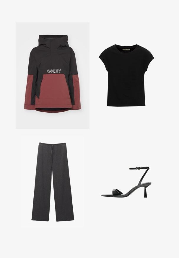 Sort og bordeaux isoleret jakke med hætte, halv lynlås foran og det fremtrædende hvide "OAKLEY" logo hen over brystområdet. Har sidelommer.; Sort T-shirt med korte ærmer og rund halsudskæring. Fremstillet af glat, elastisk bomuldsstof. Simpelt design uden mønstre eller grafik.; Bredde bukser i mørkegrå, med et struktureret stof og en elastisk talje med snøre. Simpelt og minimalistisk design.; Bershka Højhælede sandaletter / Højhælede sandaler - black