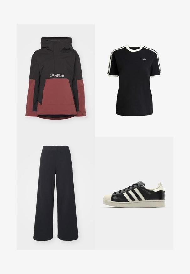 Czarna i bordowa ocieplana kurtka z kapturem, z pół-zamkiem z przodu oraz wyraźnym białym logo "OAKLEY" na wysokości klatki piersiowej. Posiada boczne kieszenie.; Czarna bawełniana koszulka z białymi akcentami na kołnierzyku i rękawach, z trzema białymi paskami na każdym ramieniu oraz małym logo na piersi.; Czarne szerokie spodnie dresowe wykonane z miękkiego materiału, z elastycznym paskiem w talii oraz małym logo po lewej stronie.; Czarne skórzane trampki z białymi paskami, gumowym czubkiem, czarnymi sznurówkami i kremową podeszwą. Gładka faktura z połyskującym wykończeniem.