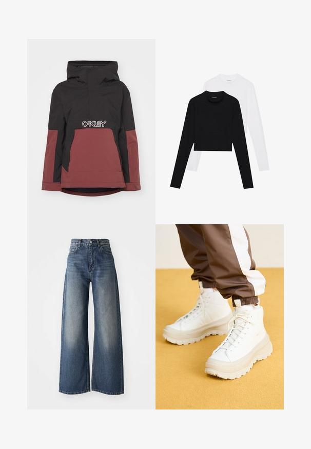 Jachetă izolată neagră și mahon cu glugă, cu fermoar parțial în față și un logo alb proeminent "OAKLEY" pe zona pieptului. Include buzunare laterale.; Set de două bluze cu mânecă lungă, tip crop în alb și negru. Fabicate dintr-un material moale, cu decolteu rotund și siluetă ajustată.; Jeans maro închis, cu talie înaltă și pantaloni largi, cu nasture în față și buzunare, cu o textură estompată pe coapse și un tiv drept.; Tenisi albi înălțați cu o talpă groasă și texturată, având un superior neted, vârf rotund și șireturi tonale, plasati pe un fundal galben.