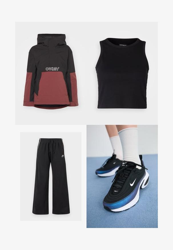 Fekete és bordó színű, kapucnis, bélelt dzseki, félig cipzáros elülső résszel és jellegzetes fehér "OAKLEY" logóval a mellkas területén. Oldalsó zsebekkel rendelkezik.; Fekete bordás crop tank top kerek nyakkivágással és ujjtalan dizájnnal. Puha, rugalmas anyagból készült, tiszta, lekerekített szélű részletekkel.; Fekete, puha anyagból készült melegítőnadrág, elasztikus derékkal és húzózsinórral, oldalsó csíkokkal és egy kis logóval az elülső bal oldalon.; Fekete Nike sportcipők sima szövet felsőrésszel, kék-fekete gradiens dizájnnal, fehér talppal és feltűnő logókkal.