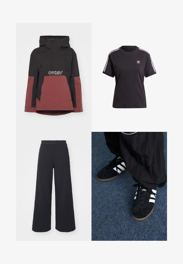 Musta ja viininpunainen eristetty takki hupulla, puolivetoketjullinen etuosa ja erittäin näkyvä valkoinen "OAKLEY" logo rinnan alueella. Varustettu sivutaskuilla.; Musta puuvillainen lyhythihainen t-paita pyöreällä kauluksella, jossa on valkoiset raidat olkapäillä ja pieni valkoinen Adidas-logo rinnassa.; Mustat leveät collegehousut, jotka on valmistettu pehmeästä kankaasta. Niissä on elastinen vyötärö ja pieni logo vasemmalla puolella.; Musta samettiset urheilukengät, joissa on kolme valkoista raitaa ja mustat nauhat. Teksturoitu musta housu on osittain näkyvissä kenkien vieressä.