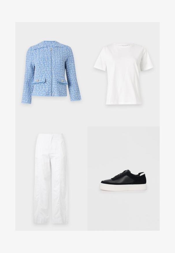 Blue tweed jacket with a textured surface, features a front zipper, two pockets with decorative buttons, and a collarless design.; White cotton t-shirt with short sleeves, round neckline, and a relaxed fit. Smooth texture, no patterns or accents, minimalistic design.; White wide-leg trousers made of lightweight fabric, featuring a smooth texture, clean lines, and a high waist design.; Black sneaker with smooth leather and suede panels, flat laces, rounded toe, and a white rubber sole. Distinct logo on the heel.