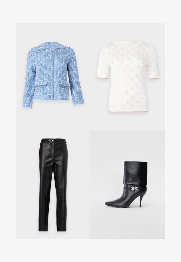 Blaue Tweedjacke mit strukturierter Oberfläche, ausgestattet mit einem Frontreißverschluss, zwei Taschen mit dekorativen Knöpfen und einem kragenlosen Design.; Gestricktes weißes Kurzarmoberteil mit subtilen Mustern, das über einen runden Ausschnitt und einen goldenen Akzent am Saum verfügt. Die Textur wirkt leicht und atmungsaktiv.; Schwarze Kunstlederhosen mit Krokodilprägung, schlanker Schnitt, gerades Bein-Design, mit einem Frontknopfverschluss und standard Bund.; Schwarze Leder-Ankle-Boots mit spitzer Zehenpartie, hohen Stiletto-Absätzen, umgeschlagenem Schaft und einem goldenen dekorativen Schnallen-Detail an der Knöchel.