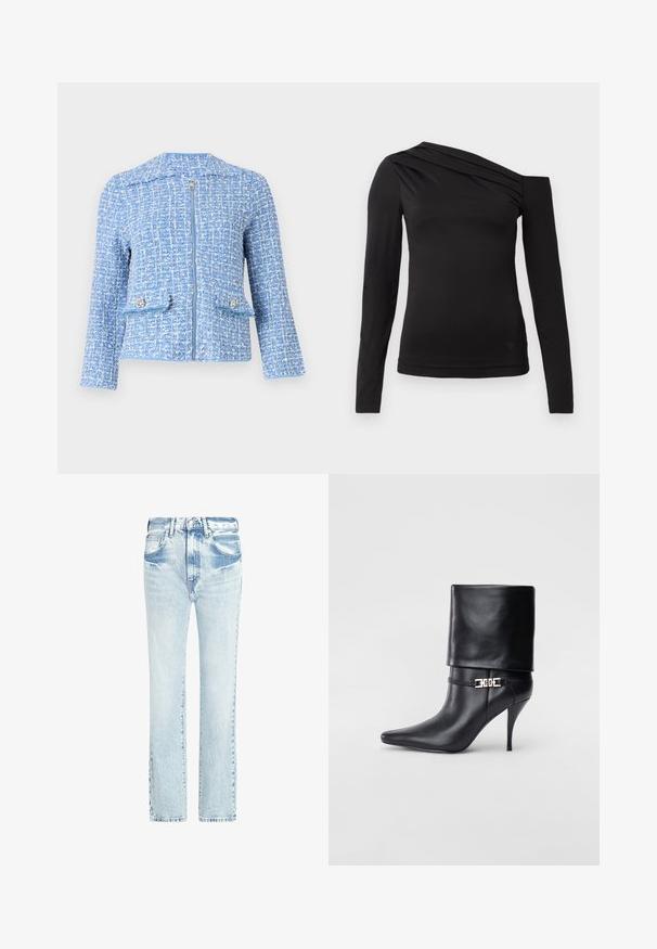 Zila žakete no tvids ar teksturētu virsmu, ar priekšējo rāvējslēdzēju, divām kabatām ar dekoratīvām pogām un bez apkakles dizainu.; Melnas garām piedurknēm blūze ar asimetrisku kakla izgriezumu, kur viens plecs ir atklāts un maigā drapējuma akcenti krūšu daļā.; Gai zili džinsi ar taisnu kāju dizainu, piecām kabatām un nolietotu tekstūru. Iekļauj redzamas šuves un klasisku pogu aizdari.; Melnas ādas potīšu zābaki ar smailu purngalu, augstu stiletto papēdi, salocītu aproci un zeltītu dekoratīvu sprādzi uz potītes.