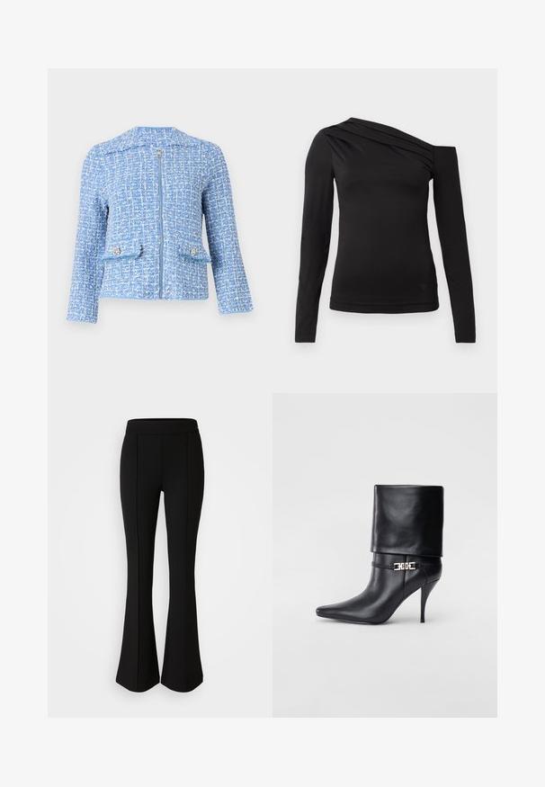 Sininen tweed-takki tekstuuripinnalla, jossa on etuvetoketju, kaksi taskua koristeellisten nappien kanssa ja kaulukseton muotoilu.; Musta pitkähihaistepaita, jossa on epäsymmetrinen kaula-aukko, yksi olkapää paljaana ja hellästi laskeutuva kangas rinnan alueella.; Mustat levenevät housut, jotka on valmistettu joustavasta materiaalista, jossa on sileä pinta. Housuissa on saumurivia etupuolella lisäsuunnittelua varten.; Musta nahkasaapas nilkkapituudella, teräväkärkinen, korkea stiletto-korko, käännettävä varsi ja kultainen koristeellinen solki nilkassa.
