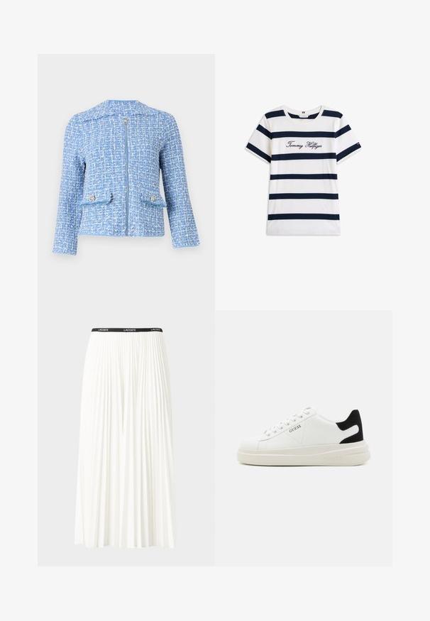 Plava tvid jakna s teksturiranom površinom, ima prednji patentni zatvarač, dva džepa sa dekorativnim dugmadi i dizajn bez ovratnika.; Pamučna majica s horizontalnim tamnoplave pruge na bijeloj pozadini. "Tommy Hilfiger" izvezeno kurzivom na prsima. Okrugli izrez.; Nabrana bijela suknja s crnim elastičnim pojasom na kojem se nalazi logo "LACOSTE". Srednje dugačak dizajn s mekim teksturom.; Bijele kožne tenisice s debelim bijelim potplatom, crnim zamšastim akcentom na peti i ugraviranim logom sa strane. Dizajn s vezicama i šest rupa za vezivanje.
