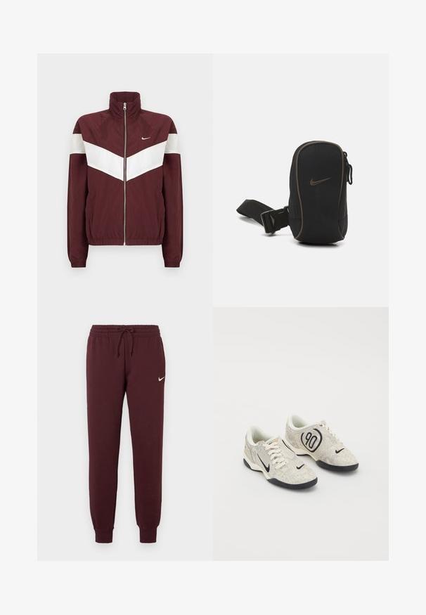 Veste coupe-vent bordeaux avec des bandes blanches en chevron, col haut, fermeture éclair sur le devant, manches élastiques et ourlet ; logo Nike sur la poitrine gauche.; Sweat à zip maroon avec col haut, design court, poignets et ourlet côtelés, arborant un logo Nike blanc sur la poitrine.; Pantalons de survêtement bordeaux avec taille élastique et cordon de serrage. Présente des poignets côtelés et un petit logo Nike blanc sur la cuisse gauche. Texture lisse.; Baskets Nike avec une tige texturée beige et grise, des accents noirs, un grand logo "90" et un laçage blanc. Semelle noire.; Pochette noire Nike avec fermeture éclair, tissu texturé, accents marron et bandoulière détachable. Arbore un logo Nike bien en évidence à l'avant.
