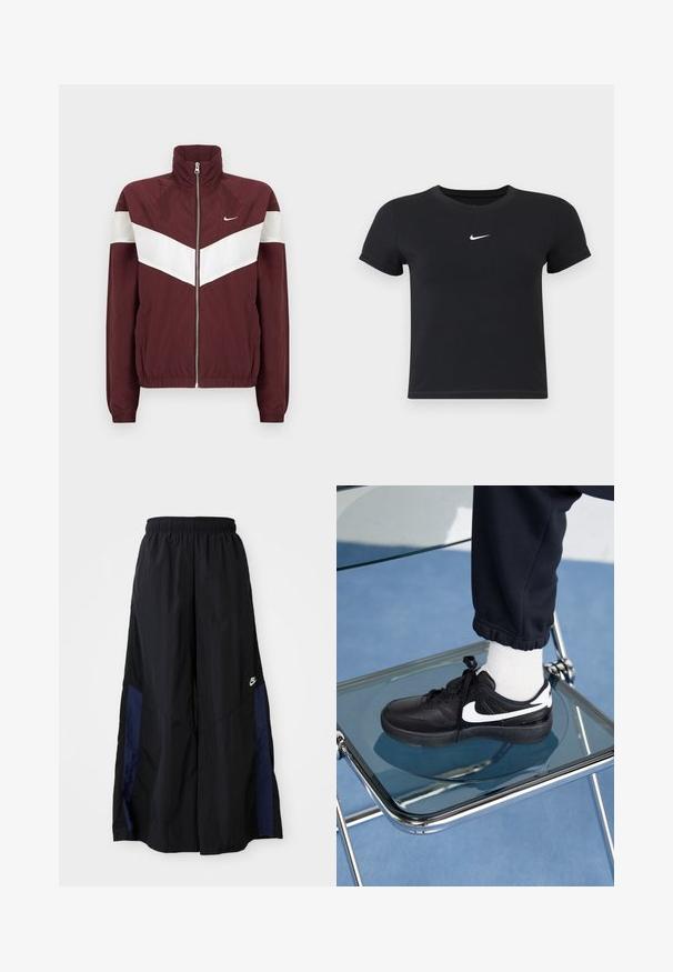 Maroon windbreaker jacket with white chevron stripes, high collar, front zipper, elastic cuffs, and hem; Nike logo on the left chest.; Black short-sleeve t-shirt made of cotton with a round neckline. Features a white Nike logo on the chest, minimalistic design, and fitted shape.; Black wide-leg pants made of lightweight fabric, featuring a navy blue side panel and an elastic waistband. Small white logo on bottom.; Black Nike sneakers with white accents, featuring a smooth leather texture, lace-up design, and rounded toe, positioned on a glass chair.