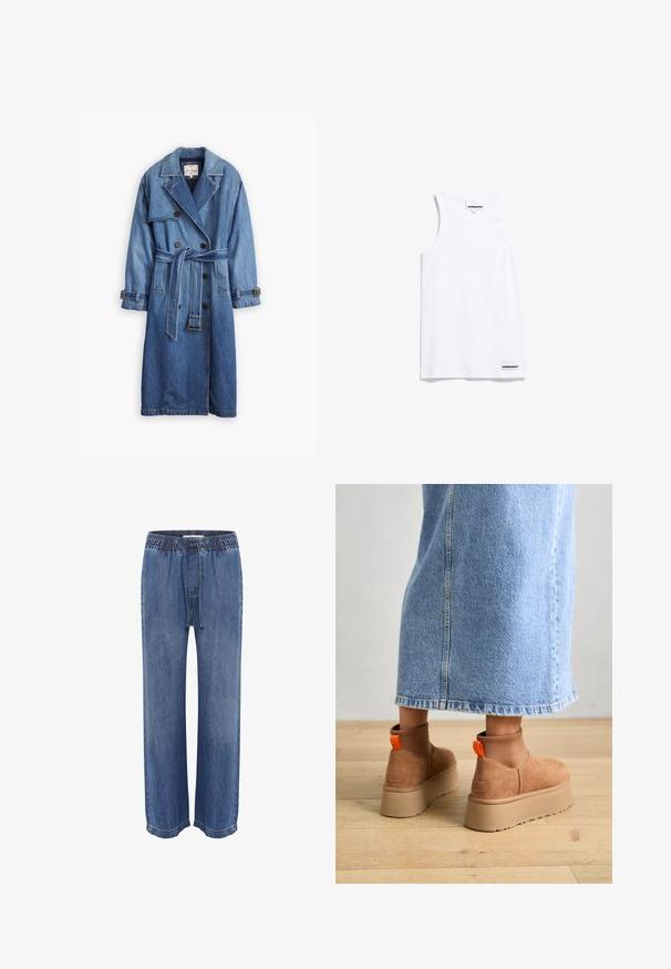 Denim trenchcoat in een medium blauwe tint, met een dubbelzijdig ontwerp, een ceintuur om de taille en knoopmanchetten met een klassieke kraag.; Witte tanktop gemaakt van katoen. Voorzien van brede schouderbanden en een ronde halslijn. Inclusief een klein merkje aan de onderkant links.; Blauwe denim broek met een elastische tailleband en trekkoord, met een relaxed fit en wijde pijpen, een gladde textuur en gestikte zomen.; Bruine suède platformlaarzen met elastische zijkanten en oranje trekbandjes, gecombineerd met een lichtdenim rok tot de knie op een houten vloer.