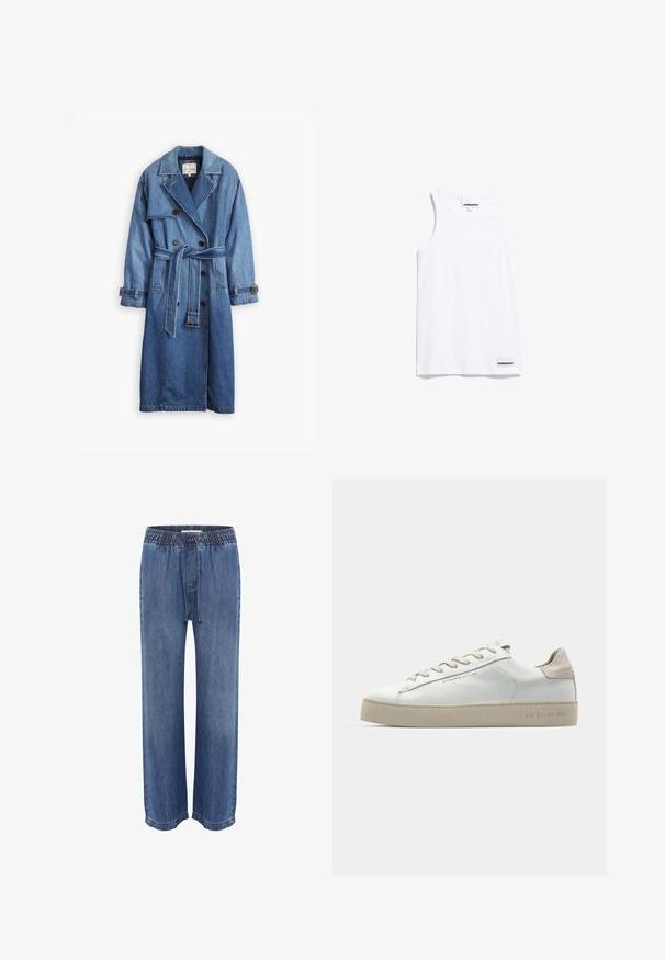 Denim trenchcoat in een medium blauwe tint, met een dubbelzijdig ontwerp, een ceintuur om de taille en knoopmanchetten met een klassieke kraag.; Witte tanktop gemaakt van katoen. Voorzien van brede schouderbanden en een ronde halslijn. Inclusief een klein merkje aan de onderkant links.; Blauwe denim broek met een elastische tailleband en trekkoord, met een relaxed fit en wijde pijpen, een gladde textuur en gestikte zomen.; Witte leren sneaker met een glanzende afwerking, beige suède accenten, ronde neus, platte vetersluiting en een getextureerde rubberen zool.