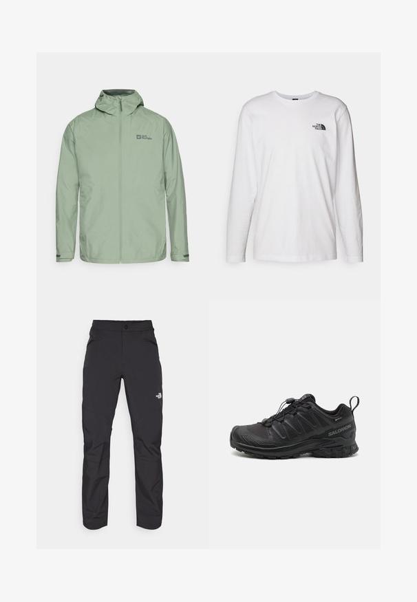 Jasnozielona wodoodporna kurtka z kapturem, zapinana na zamek błyskawiczny z przodu, z logo na górnej lewej stronie. Posiada regulowane mankiety oraz gładką teksturę.; Biała koszulka z długim rękawem wykonana z bawełny, z okrągłym dekoltem. Posiada małe czarne logo na piersi. Gładka faktura, regularny krój.; Czarne spodnie outdoorowe z zamkiem błyskawicznym w przedniej kieszeni, wykonane z materiału syntetycznego, zwężające się nogawki oraz wzmocnione panele na kolanach. Posiadają zapięcie na guzik.; Czarny but sportowy z teksturowanym syntetycznym wierzchem, amortyzowaną podeszwą i systemem szybkiego sznurowania. Posiada wzmocniony nos i piętę.