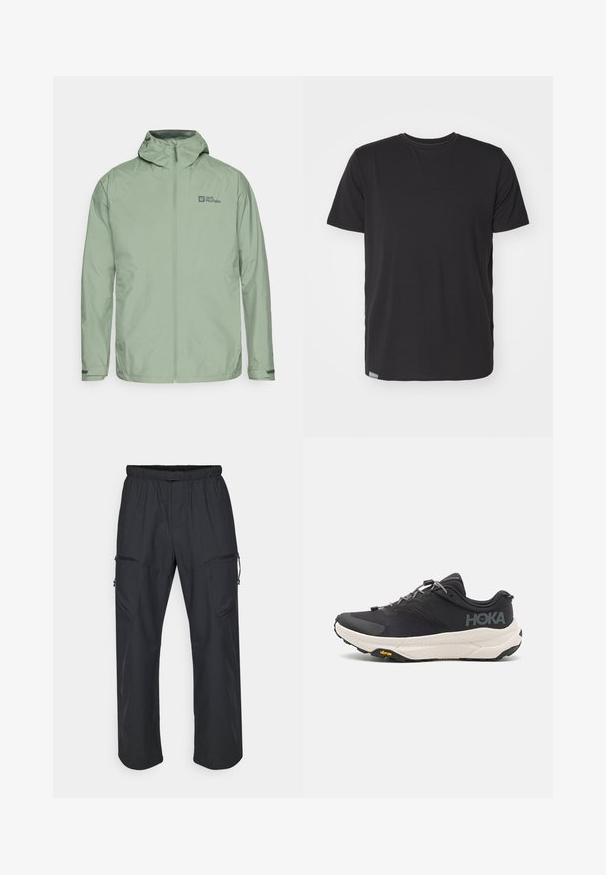 Lys grønn vanntett jakke med hette, glidelås foran og logo på øvre venstre side. Har justerbare mansjetter og en jevn tekstur.; Svart t-skjorte med korte ermer i glatt bomullsmateriale, med rund hals og en liten etikett ved venstre søm nederst.; Svarte cargo-bukser med elastisk linning, to glidelåslommer og et lett, glatt tekstur.; Svart treningssko med teksturert overdel, grå detaljer, reflekterende elementer og en tykk hvit såle med Vibram-merke.