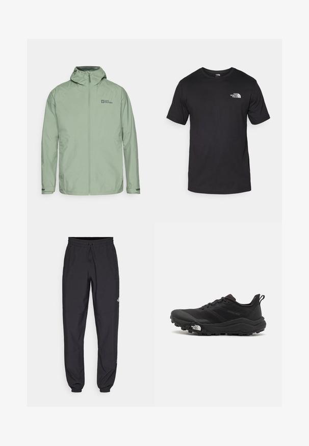 Világos zöld vízálló dzseki kapucnival, cipzáras elülső résszel és logóval a bal felső részen. Állítható mandzsettákkal és sima textúrával rendelkezik.; Fekete rövidujjú pamut póló, kerek nyakkivágással, a bal felső mellkason egy kis fehér logóval.; Fekete sportnadrág, könnyű anyagból készült, húzózsinóros derékkal, oldalsó zsebekkel és szűkített szárakkal a bokáknál.; Fekete terepfutó cipő, textúrált felső résszel, gumitalppal és megerősített lábujjrészével. Párnázott bokarésszel és húzófüllel rendelkezik a könnyű felhúzáshoz.