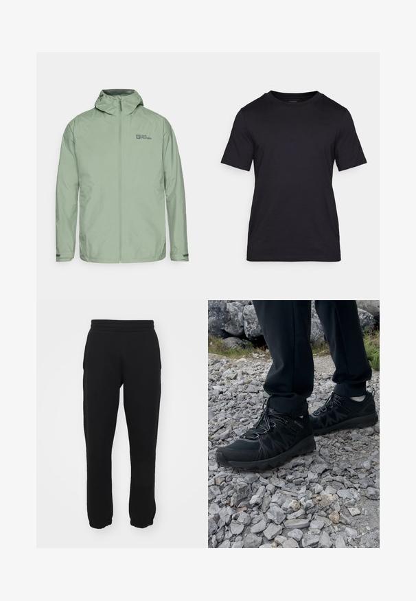 Veste imperméable vert clair avec une capuche, fermeture éclair à l'avant et logo en haut à gauche. Comprend des poignets réglables et une texture lisse.; T-shirt noir en tissu lisse, avec un col rond et des manches courtes. Marque subtile imprimée en noir sur la poitrine.; Pantalons de survêtement noirs en mélange de coton, dotés d'une taille élastique, de jambes fuselées et de poignets côtelés au niveau des chevilles. Design simple, sans motifs.; Chaussures d'extérieur noires en matériau synthétique et en maille, présentant une tige texturée, un système de lacets sécurisé et une semelle extérieure robuste, sur un terrain rocailleux.