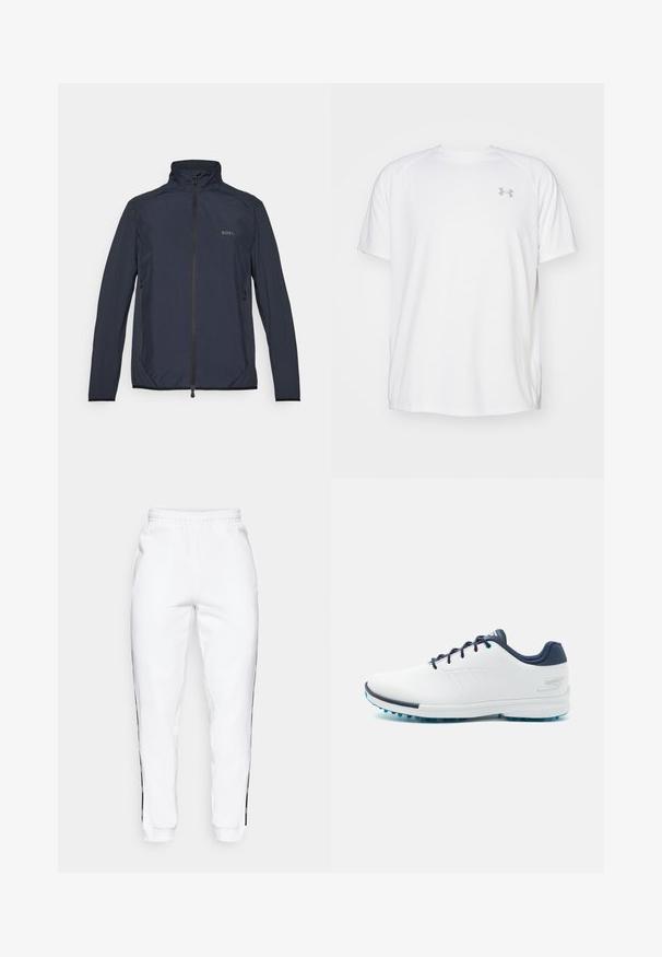 Jūros mėlino spalvos švarkas, pagamintas iš lengvos techninės medžiagos. Turi aukštą apykaklę, užtrauktuko uždarymą, šonines kišenes ir diskretišką logotipą krūtinėje.; Balta trumpa rankovėmis sportinė marškinėliai, pagaminti iš lygaus audinio. Yra apvalus kaklas ir pilkas logotipas kairėje krūtinės pusėje, o apatinėje dalyje yra šoninės plyšiai.; Baltos sportinės kelnės su elastinga juosmena, turinčios juodas šonines juosteles ir rankogalius. Pagamintos iš minkštos medžiagos su lygia tekstūra.; Balti sportiniai bateliai su lygiu sintetinės medžiagos paviršiumi, mėlynais akcentais, tekstūruotu tamsiai mėlynu kulnu ir lengvu, adatiniu padu geresniam sukibimui.