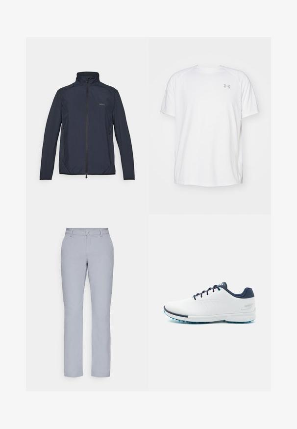 Navy blue jacket made of lightweight technical fabric. Features a high collar, zip closure, side pockets, and a subtle logo on the chest.; White short-sleeve athletic shirt made of smooth fabric. Features a crew neck and gray logo on the left chest, with side slits at the hem.; Light gray trousers with a straight cut, button closure, front pockets, and a smooth, textured fabric. Minimalist design, no patterns.; White athletic shoes with a smooth synthetic upper, blue accents, textured navy heel, and a lightweight, spiked sole for traction.