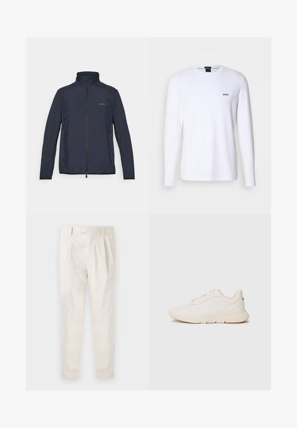Navy blue jacket made of lightweight technical fabric. Features a high collar, zip closure, side pockets, and a subtle logo on the chest.; White long-sleeve T-shirt made of cotton, featuring a round neck and a small black "BOSS" logo on the left chest area.; White, pleated trousers with a tailored fit, featuring a smooth texture, belt loops, and tapered legs. No visible pockets or patterns.; White sneaker made of textured material, featuring a smooth sole, lace-up front, and subtle branding on the heel. Minimalist design.