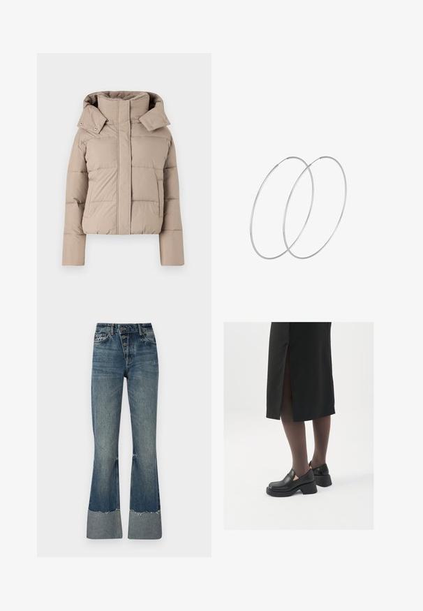 Doudoune de couleur beige clair, avec un col haut et une capuche, des détails piqués et deux poches latérales. Texture lisse, design court.; Haut à capuche teal avec cordon de serrage, manches longues et poignets côtelés. Fabriqué en tissu doux avec une coupe décontractée.; Jean flare en denim bleu moyen avec taille haute, cinq boutons et ourlet effiloché. Présente un poignet plus clair en bas et une texture décolorée.; Chaussures noires en cuir avec un bout arrondi, un épais talon bloc et des accents latéraux élastiques, associées à des bas foncés et une jupe noire avec une fente.; Boucles d'oreilles en argent au design minimaliste. Forme circulaire, texture lisse et profil fin. Légères avec une finition polie.