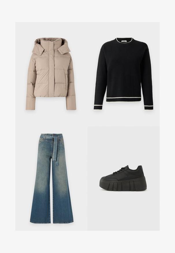 Giacca a vento in beige chiaro, con colletto alto e cappuccio, dettagli cuciti e due tasche laterali. Texture liscia, design corto.; Maglione a maniche lunghe nero con collo, polsini e orlo bianchi, presentato su uno sfondo bianco semplice.; Pantaloni in denim a gamba larga con una sfumatura che va dal blu chiaro al blu scuro, vita alta, passanti per cintura e una cintura in tessuto coordinato. Finitura in denim strutturato.; Sneakers piattaforma nere con tomaia sintetica liscia, punta arrotondata, design con lacci e suola spessa e scanalata per un'altezza aggiuntiva.