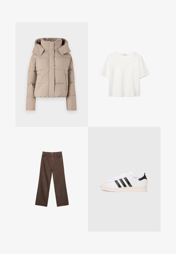 Puffer-takki vaaleassa beige värissä, jossa on korkea kaulus ja huppu, ommeltu yksityiskohtia ja kaksi sivutaskua. Sileä pinta, lyhennetty malli.; Valkoinen lyhythihainen T-paita, joka on tehty puuvillasta. Siinä on pyöreä kaula-aukko ja rento malli. Silkkinen pinta ilman näkyviä kuvioita tai koristeita.; Leviittävät ruskeat farkut, jotka on valmistettu denimistä, korkea vyötärö, etutaskut ja klassinen nappikiinnitys. Silkkinen pinta hienovaraisella ompelutyöllä.; Valkoiset tennarit, joissa on mustia teksturoituja raitoja ja yksityiskohtia; sisältää kumisen varvaskannan, litteät nauhat ja pehmusteet nilkan ympärillä.