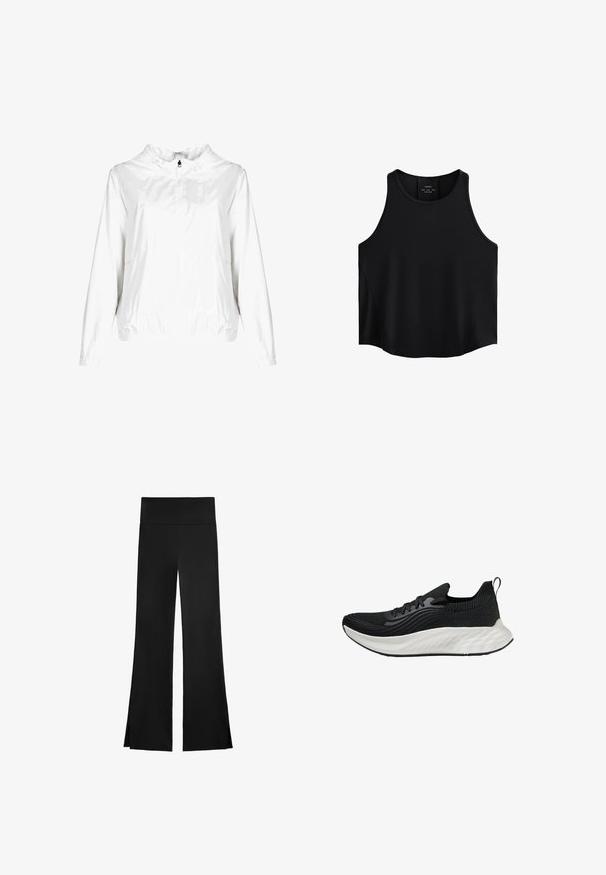 INVICTA Giacca leggera - weiß; Top senza maniche nero realizzato in tessuto liscio, caratterizzato da un collo arrotondato, taglio dritto e pannelli laterali con una leggera trama.; Pantaloni neri con una linea a gamba larga, dotati di una vita alta e fessure laterali per facilitare il movimento. Realizzati in un tessuto morbido ed elasticizzato.; Scarpe sportive nere con tomaia testurizzata, suola bianca ammortizzata e branding discreto. Presentano un'utilità per il tallone e chiusura con lacci.