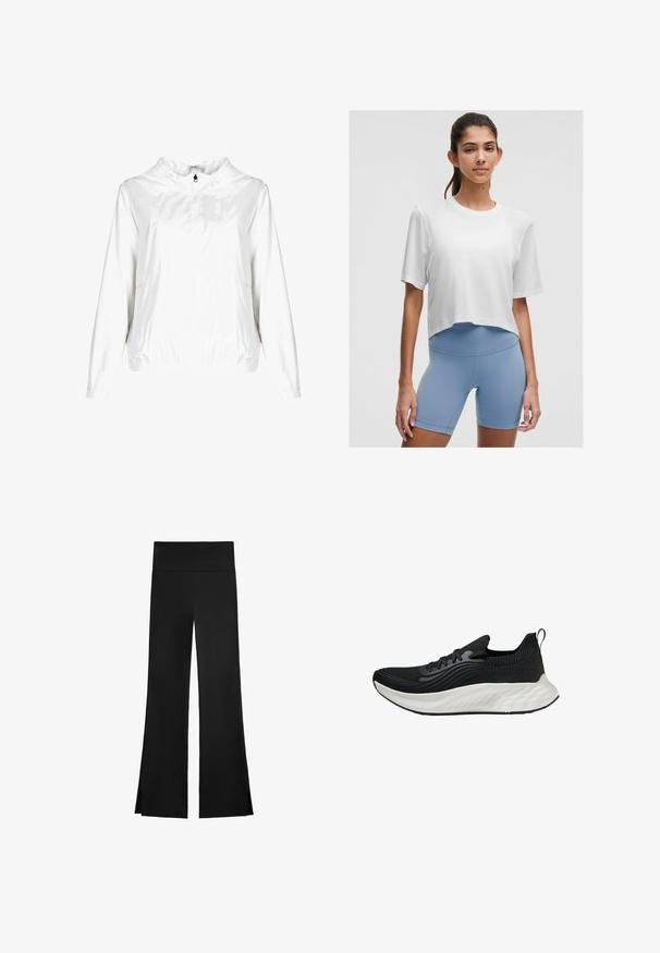 INVICTA Lichte jas - weiß; Witte sportieve crop top met textuur mesh panelen, ronde halslijn en korte mouwen, gecombineerd met lichtblauwe hoge taille shorts.; Zwarte broek met een wijd beenontwerp, voorzien van een hoge tailleband en zijsplitten voor gemakkelijke beweging. Gemaakt van een gladde, rekbare stof.; Zwarte sportieve schoen met een gestructureerde bovenkant, een witte gewatteerde zool en subtiele branding. Voorzien van een trekhaak en vetersluiting.