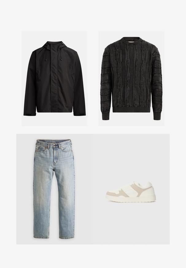 Sort vandtæt jakke med højt krave, justerbar hætte og velcro-manchetter; glat tekstur med et minimalistisk design.; Textureret sort striktrøje med rund hals, der har hævede mønstre og ribbede manchetter og kant for ekstra detalje og kontrast.; Lysblå denim jeans med høj talje, frontknap, lynlås og fem-lomme design, lagt fladt på en neutral baggrund.; Hvide og beige sneakers med en kombination af glatte og ruskindseffekter, rund tå, snørelukning og flad gummisål.