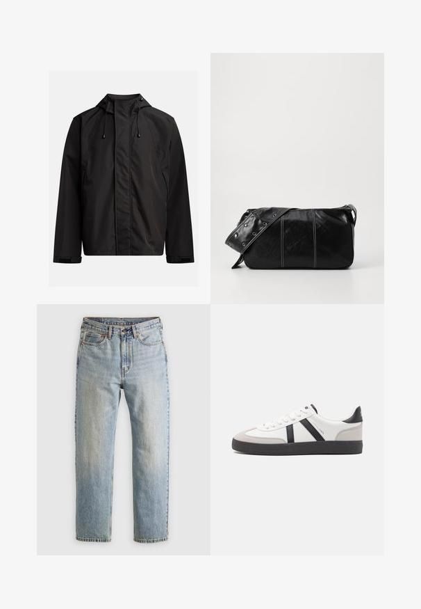 Schwarze wasserdichte Jacke mit hochgeschlossenem Kragen, verstellbarer Kapuze und Klettverschlussärmeln; glatte Textur mit minimalistischem Design.; Beige, gestrickter Pullover mit hohem, geripptem Rollkragen. Er verfügt über ein strukturiertes Zopfmuster sowie gerippte Bündchen und Saum, was ein gemütliches Erscheinungsbild bietet.; Helle blaue Jeans mit hoher Taille, Frontknopf, Reißverschluss und fünf Taschen-Design, flach auf einem neutralen Hintergrund ausgelegt.; Weiße Sneaker mit schwarz- und grau-aczenten, ausgestattet mit einer strukturierten grauen Zehenkappe, schwarzer Gummi-Sohle und flachen weißen Schnürsenkeln. Sauberes Design, minimalistische Stil.; Schwarze Leder Schultertasche mit Reißverschluss, ausgestattet mit einer strukturierten Oberfläche, weißen Nähten und einem Tragegurt mit silbernen Ösen.