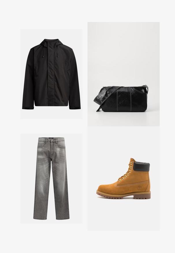 Svart vanntett jakke med høy krage, justerbar hette og borrelåslukking rundt håndleddene; glatt tekstur med minimalistisk design.; Kremfarget bomulls T-skjorte med korte ermer og rund hals. Har et grafisk trykk i blått og rødt med tekst og et motiv.; Grå denim jeans med løs passform, som har slitne og falmede detaljer, en klassisk fem-lommers design og en knappelukking.; Beige semskede ankelstøvel med svart polstret krage, gullmetalløyer, hvite sømdetaljer og robust gummisåle med påfallende mønster.; Svart lær skulderveske med glidelås, med teksturert overflate, hvite sømmer og en stropp med sølvringer.