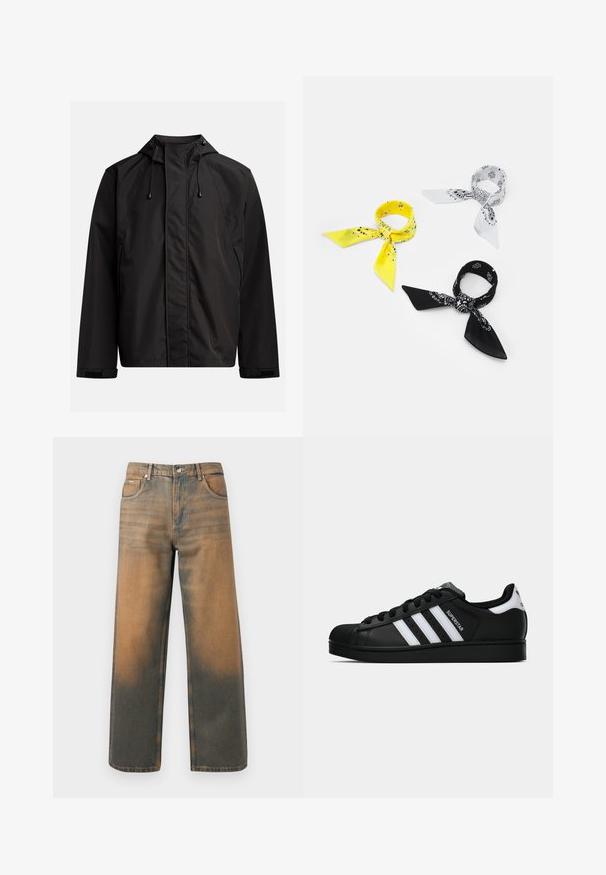 Melna ūdensnecaurlaidīga jaka ar augstu apkakli, regulējamu kapuci un Velcro manžetēm; gluda tekstūra ar minimālistisku dizainu.; Melns īsām piedurknēm T-krekls brīvā siluetā, izgatavots no gludas kokvilnas, ar apaļu kakla izgriezumu un minimālistisku dizainu.; Platas kāju džinsi novecojušajā zilā un brūnā denimā. Ievērojams augsts viduklis, priekšējās kabatas un klasiskā pogu aizdare ar metāliskām akcentiem.; Melnas Adidas Superstar kedas ar baltām svītrām, čaulas purngalu un uzrakstu "Superstar" sānos, parādītas sānskatā uz baltā fona.; Trīs bandanas: viena dzeltena ar melniem rakstiem, viena balta ar melniem dizainiem un viena melna ar baltiem attēliem. Visi ir kvadrāti, viegli audumi.