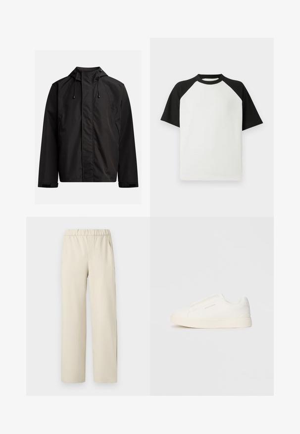 Veste imperméable noire avec un col haut, une capuche ajustable et des poignets en Velcro ; texture lisse avec un design minimaliste.; T-shirt noir et blanc à manches courtes avec une texture côtelée ; possède des manches raglan et un col rond.; Pantalons larges beiges avec une taille élastique, fabriqués en tissu doux. Présente une texture lisse et sans motifs ni éléments métalliques visibles.; Baskets blanches sans lacets avec une surface texturée, une semelle épaisse et un design minimaliste. Présente le logo de la marque sur le côté.