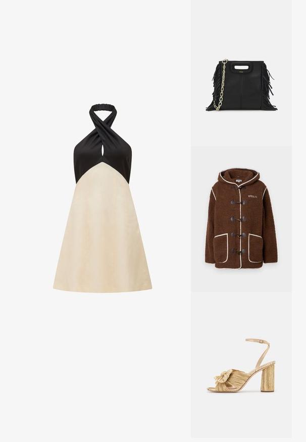 Barna bolyhos kabát kapucnival, kapcsolódobozos záródással, nagy elülső zsebekkel, fehér díszítéssel és "STIEGLITZ" logóval a mellrészen.; Halter nyakú ruha fekete felsőrésszel és krém színű A-vonalú szoknyával, nyakrészen csavarodott dizájnnal és sima textúrával.; Arany sarkú szandálok, elől megkötve, pliszírozott textúrával és boka pánttal. A blokksarok bordázott mintázattal rendelkezik, amely javítja a tapadást.; Fekete bőr kézitáska, frufrus részletekkel, arany láncos vállpánttal és kivágott fogantyúval. Az elülső részen logó található.