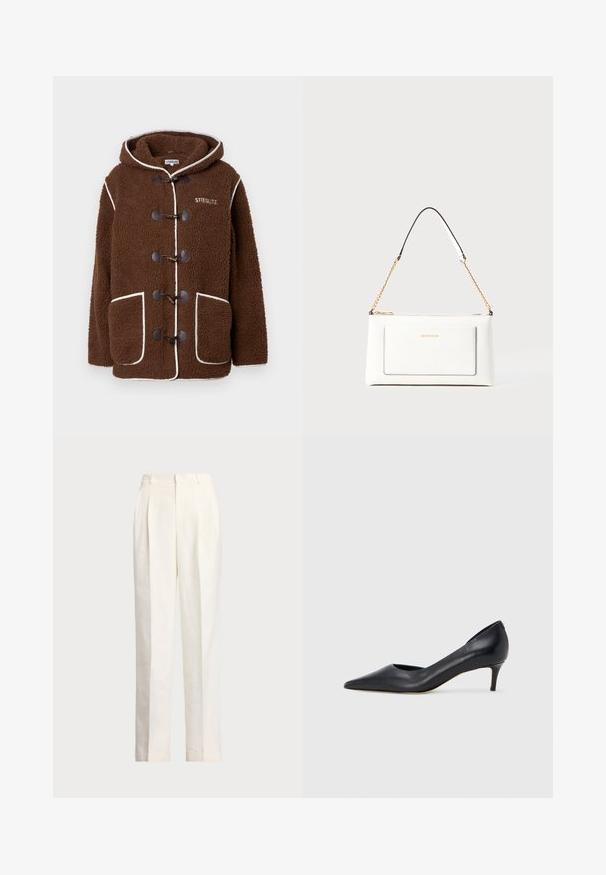 Hnědý fleecový kabát s kapucí, s toggle zapínáním, velkými předními kapsami, bílým lemováním a logem "STIEGLITZ" na hrudi.; Bílé bezrukávové svetr vyrobený z hladké bavlny, s ribbovaným lemem a malým námořnickým logem ve spodním levém rohu. Jednoduchý design, bez vzorů.; Polo Ralph Lauren HEMP WIDE LEG PANT - Kalhoty - nevis; Černá kožená lodička s špičatou špičkou a nízkým podpatkem. Má hladkou texturu a jemný lesk. Přední část je otevřená pro zvýraznění detailu.; Bílá kožená kabelka s texturovaným povrchem, zdobená zlatým řetízkem a černými akcenty. Obsahuje přední kapsu a uzavírání na zip.