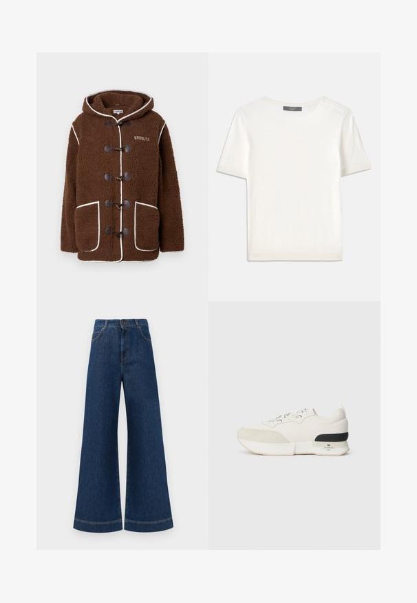 Coadă de blană marron cu glugă, dotată cu închideri tip toggle, buzunare frontale mari, detalii albe și logo-ul "STIEGLITZ" pe piept.; Top tricotat alb cu mânecă scurtă, cu decolteu rotund, având o textură netedă și accente subtile cu nervuri la mâneci și la margine.; Jeans din denim albastru cu picioare largi și talie înaltă, având închidere cu buton, bucle pentru curea și detalii discrete de cusut pe buzunare și la tivuri.; Adidași albi cu vârf din suede texturat, parte superioară din plasă netedă, șireturi decorative și un accent din cauciuc negru la toc.