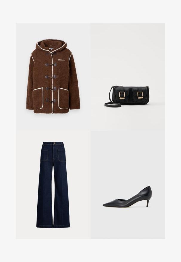 Brun fleecejakke med hette, med togbekledninger, store frontlommer, hvit trim, og "STIEGLITZ"-logo på brystet.; Hvit ermeløs topp laget av glatt stoff, med rund hals og subtile plisseringer på skuldrene, samt en buet sømkant.; Bredde ben, mørkeblå denimjeans med høy livhøyde, fem lommer og kontraststing. Har knappelukking og en strukturert fasong.; Sort lærpumps med spiss tupp og lav hæl. Har en jevn tekstur og subtil glans. Åpen utskjæring foran for ekstra detalj.; Svart skinn crossbody veske med to frontlommer, gyldne spenner, glidelåslukking og en slank stropp. Teksturert overflate og kompakt rektangulær form.