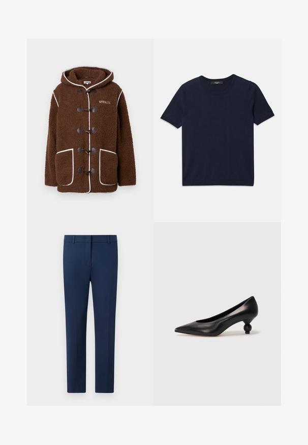 Prune fliisist mantli kapuutsiga, millel on toggle-kinnitused, suured ees taskud, valge äär ja "STIEGLITZ" logo rinnal.; Tumesinine lühikese varrukaga T-särk, valmistatud pehmest kangast, ümarate krae ja soonikservadega, sile tekstuur ja ilma nähtavate mustriteta.; Tumed püksid, mis on valmistatud kudumiskangast, lame esiosa, vöökohad ja kohandatud lõige. Pole nähtavaid mustreid ega aktsente.; Must musta kõrge kontsaga king, millel on terav nina ja ümar, pallikujuline konts. Sile pind ja elegantne, minimalistlik disain.