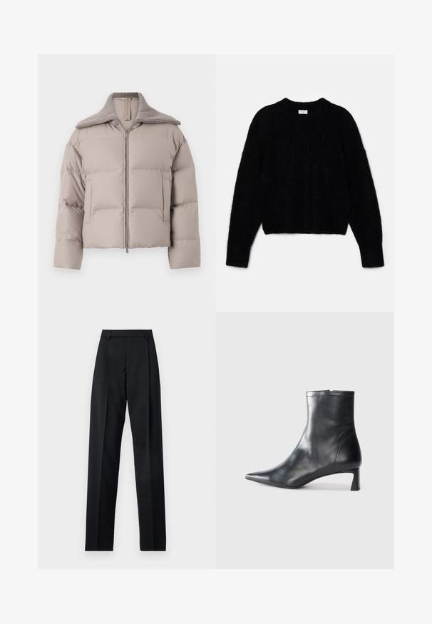 Marella GIANO - Jachetă cu puf - tortora; Pulover scurt negru, confecționat dintr-un material pufos. Are un decolteu rotund și mâneci lungi cu o textură moale. Design minim, fără modele.; Pantaloni negri dintr-un material neted, cu talie înaltă, picioare largi, pliuri frontale și loop-uri clasice pentru curea. Fără buzunare laterale vizibile.; Cizmă de gleznă din piele neagră cu vârf ascuțit și un design elegant. Dispune de un toc mic și de o închidere cu fermoar la spate. Textură netedă.