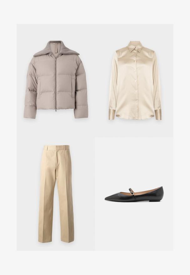 Marella GIANO - Pūkinė striukė - tortora; Smėlio spalvos satino marškiniai su smailiu apykakle, pilno ilgio rankovėmis, sagų uždarymu ir šiek tiek blizgesniais rankogaliais. Be raštų ar akcentų.; Šviesiai rudos kelnes su tiesaus kojų kirpimu, turinčiu lygią tekstūrą, centrines priekines klostes ir klasikiniu juosmeniu.; Juodos odinės baleto bateliai su smailiu pirštu ir šoniniu dirželiu, papuoštu apvaliu auksiniu akcentu. Lengvi su plokščiu padu.