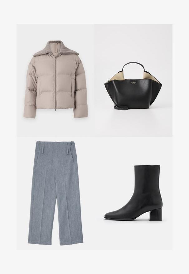 Marella GIANO - Pūkinė striukė - tortora; Juodas ilgų rankovių marškinėlis, pagamintas iš minkštos medžiagos, su apykakle ir laisvu siluetu, su šoninėmis sklendėmis apačioje, kad būtų lengviau judėti.; Šviesiai pilkos, plačios kojų kelnės, pagamintos iš tekstūruoto audinio, su dviem priekinėmis klostėmis ir dviem šoninėmis kišenėmis. Tvarkingas, tikslais pritaikytas dizainas.; Juodas odinis kulkšninis botas su smailiu pirštu ir masyviu kvadratiniu kulnu. Lygus paviršius be siūlių ir minimalizmu išsiskiriantis dizainas.; Ree Projects ANN TOTE MINI - Rankinė - black