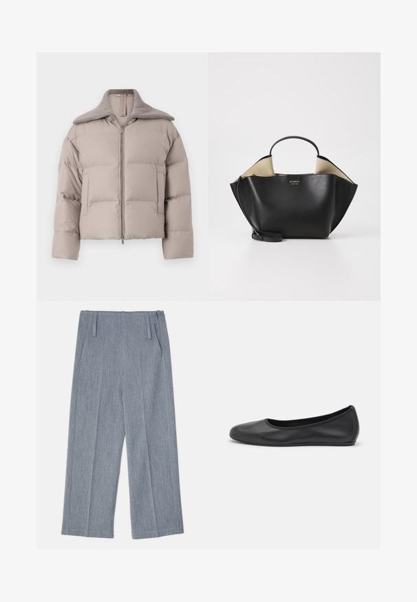 Marella GIANO - Dūnu jaka - tortora; Melnas ilgas piedurknes krekls, kas izgatavots no mīksta auduma, ar apaļu kakla izgriezumu un brīvu piegriezumu, ar sānu šķēlumiem apakšmalā, lai nodrošinātu ērtu kustību.; Gai pelēki, platā kāju bikses, kas izgatavotas no teksturēta auduma, ar diviem priekšējiem krokām un divām sānu kabatām. Tīrs, šūts dizains.; Melna ādas baleta kurpe ar noapaļotu purngalu, gludu tekstūru, minimālu šuvju detalizāciju un elastīgu zoles dizainu.; Ree Projects ANN TOTE MINI - Rokassoma - black