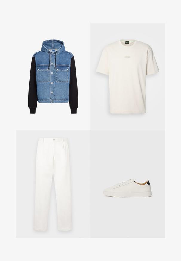 Džinsinė striukė su mėlyna viršutine dalimi, juodomis rankovėmis, gobtuvu, užsegimu su spaustukais ir dviem krūtinės kišenėmis. Minkšta tekstūra visame striukės paviršiuje.; BOSS TEE - Paprasti marškinėliai - open white; Balti kelni, pagaminti iš lygaus audinio, turi tiesią kojos konstrukciją, priekinę klostę ir vieną mygtuką juosmens srityje.; Balti sportbačiai su lygia oda, apvalia pirštine ir plokščiu padu. Juodas akcentas prie kulno, su toniniais raišteliais ir minimaliais prekių ženklais.