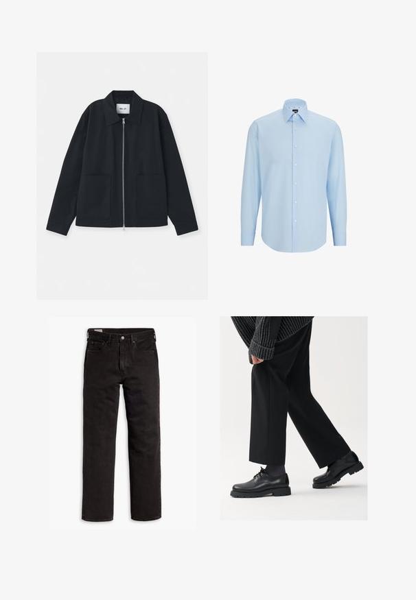 Juodas švarkas, pagamintas iš lygaus audinio, su priekiniais užtrauktukais, didelėmis kišenėmis ir klasikinio tipo apykakle. Nėra matomų raštų ar akcentų.; Šviesiai mėlynas ilgomis rankovėmis marškiniai pagaminti iš lygaus audinio, su mygtukų užsegimu priekyje, smailiu apykaklės dizainu ir įprastu žiūrėjimu.; Juodos tiesios kojų džinsinės kelnės su penkiomis kišenėmis, mygtuko užsegimu ir diržo kilpomis, išdėstytos plokščiai ant balto fono.; Juodos odinės kojinės su apvalia nosimi, raištelių dizainu ir storu, tekstūriniu padu. Dėvimos su pritaikytomis juodomis kelnėmis ir liniuotėmis megztiniu.