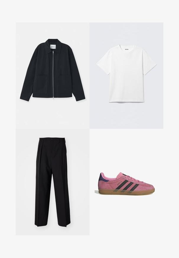 Zwarte jas van gladde stof, met een ritssluiting aan de voorkant, grote zakken en een klassiek kraagontwerp. Geen patronen of accenten zichtbaar.; Witte T-shirt met korte mouwen van katoen, met een ronde hals en een ontspannen pasvorm. De stof heeft een gladde, gelijkmatige textuur.; Zwarte geplooide broeken met een rechte, brede pijpontwerp. Gemaakt van soepele stof, met een knoopsluiting en riemlussen.; Roze suède sneaker met zwarte strepen, rubberen zool en textuur op de paarse hak. Voorzien van een vetersluiting en opgedrukte merknaam aan de zijkant.