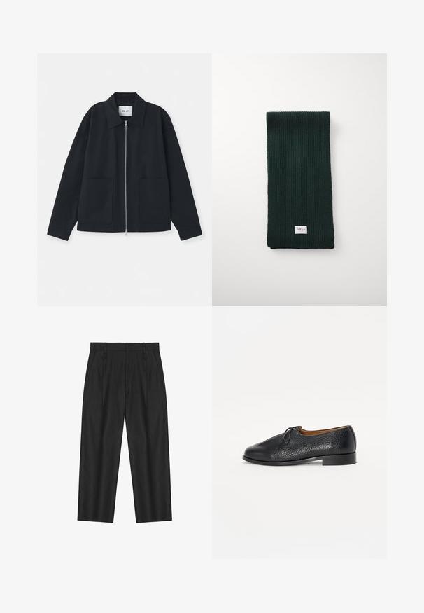 Zwarte jas van gladde stof, met een ritssluiting aan de voorkant, grote zakken en een klassiek kraagontwerp. Geen patronen of accenten zichtbaar.; Twee witte katoenen T-shirts met ronde hals en korte mouwen, met een klein zwart polo-logo aan de linkerkant onderaan.; Zwarte rechte broek met riemlussen, zijzakken en een licht geplooid voorpand.; Zwarte leren schoen met een gestructureerde afwerking, ronde neus en een kleine strikaccent op de bovenkant. Heeft een lage, stevige hak.; Donkergroene geribbelde breisjaal met een rechthoekige vorm en een klein wit label met "ARRKK" aan de onderkant. Zachte textuur.