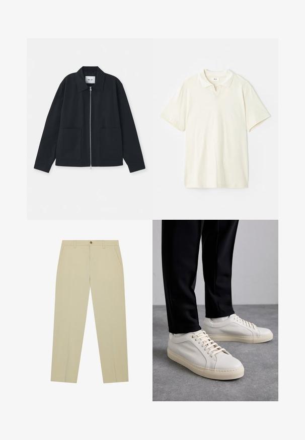 Juodas švarkas, pagamintas iš lygaus audinio, su priekiniais užtrauktukais, didelėmis kišenėmis ir klasikinio tipo apykakle. Nėra matomų raštų ar akcentų.; Kremo spalvos polo marškiniai su klasikinio tipo apykakle, trumpomis rankovėmis ir nedideliu v-formos įpjovimu prie kaklo. Lygus audinys ir minimalus dizainas.; Šviesiai rudos chinos kelnės, pagamintos iš lengvos medvilnės, su tiesiu siluetu, priekinėmis kišenėmis ir vienu mygtuku užsegimui juosmens srityje.; Šviesūs smėlio spalvos odiniai sportbačiai su plokščiomis raišteliais, tekstūruotu paviršiumi ir kontrastinga kreminės spalvos gumine padu, derinami su juodomis siaurėjančiomis kelnėmis.