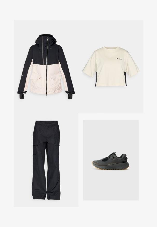 Roxy GORE TEX STRETCH PURELINES - Snowboard jacket - pink salt; Cream-colored cropped t-shirt with a round neck, short sleeves, and black side panels; features a small black logo on the chest.; Columbia BREA FALLS™ COTTON RIPSTOP PANT - Outdoor trousers - black; Columbia TERRASTRIDE CRZ - Hiking shoes - shark/black