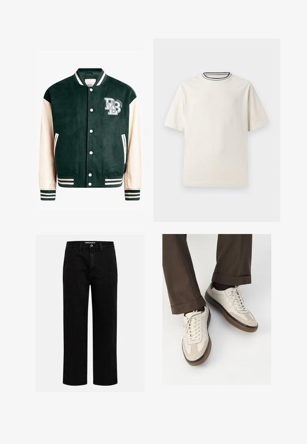 Dark green varsity jacket with cream sleeves, ribbed cuffs, and collar. Front features logo with white lettering, snap buttons, and side pockets.; Cream-colored cotton t-shirt with short sleeves, featuring a round neckline accented by navy and white stripes. Smooth texture, relaxed fit.; Black denim pants with a straight-leg cut, classic five-pocket design, and a button closure at the waist. Smooth texture and durable fabric.; Beige sneakers with a textured suede front, smooth leather sides, and a brown rubber sole. Laces and light stitching detail included.