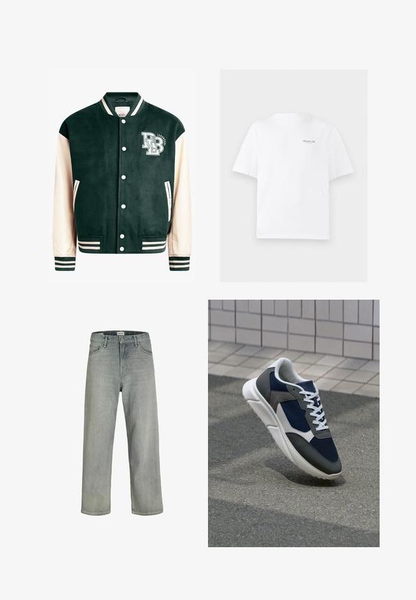Dunkelgrüne College-Jacke mit cremefarbenen Ärmeln, gerippten Bündchen und Kragen. Die Vorderseite hat ein Logo mit weißer Schrift, Druckknöpfe und Seitentaschen.; Weißes Baumwoll-T-Shirt mit Rundhalsausschnitt, kurzen Ärmeln und einem kleinen schwarzen Logo auf der oberen linken Brust. Glatte Textur.; Hellgraue, locker sitzende Jeans aus Denim. Verfügt über ein klassisches Fünf-Taschen-Design, Gürtelschlaufen und eine gerade Bein-Silhouette.; Sneaker mit einem Obermaterial aus navyblauem Mesh, grauen Wildlederelementen, einer weißen Gummisohle und flachen weißen Schnürsenkeln, entworfen für Komfort und Atmungsaktivität.